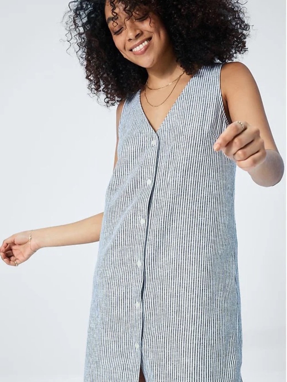 Gap Sleeveless Button-Front Linen Blend Dress - Navy & White Striped - Size M